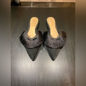 SCHUTZ Black Pointed-Toe Mules with Fringe